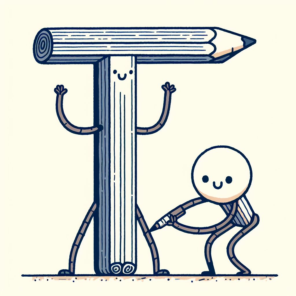 Line drawing of a capital letter T made out of two big pencils and with stick arms and legs. Next to it is a little stick figure who is drawing on one of the legs.