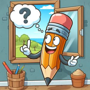 An animated pencil is looking out the window and has a thought bubble with a question mark inside.